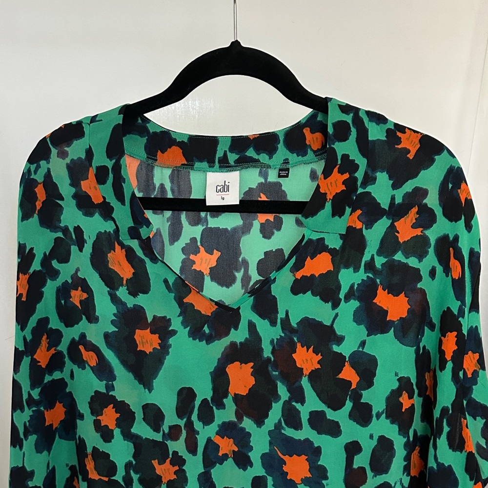 CAbi Vibrant Green and Orange Patterned Top